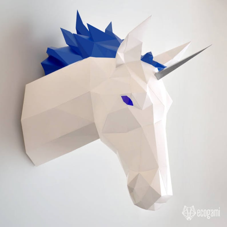 Unicorn papercraft sculpture, printable 3D puzzle, papercraft Pdf template to make your unicorn wall decor image 1