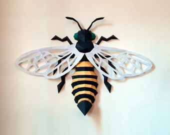 Bee papercraft sculpture, printable 3D puzzle, papercraft Pdf template to make your bee wall decor