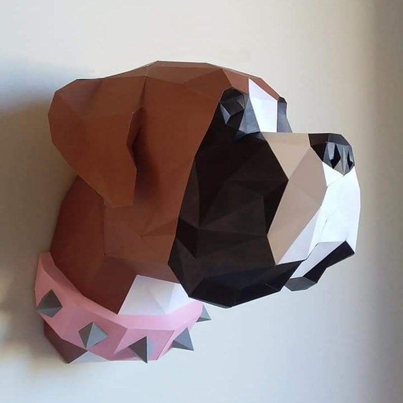 Boxer papperspyssel PDF, gör-det-själv djurhuvud väggtrofé, låg poly 3D utskrivbar hundmall bild 7