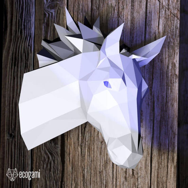 Unicorn papercraft sculpture, printable 3D puzzle, papercraft Pdf template to make your unicorn wall decor image 5