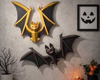 Bat papercraft PDF, DIY Halloween wall decor, low poly 3D printable template