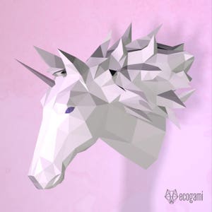 Unicorn papercraft sculpture, printable 3D puzzle, papercraft Pdf template to make your unicorn wall decor image 4