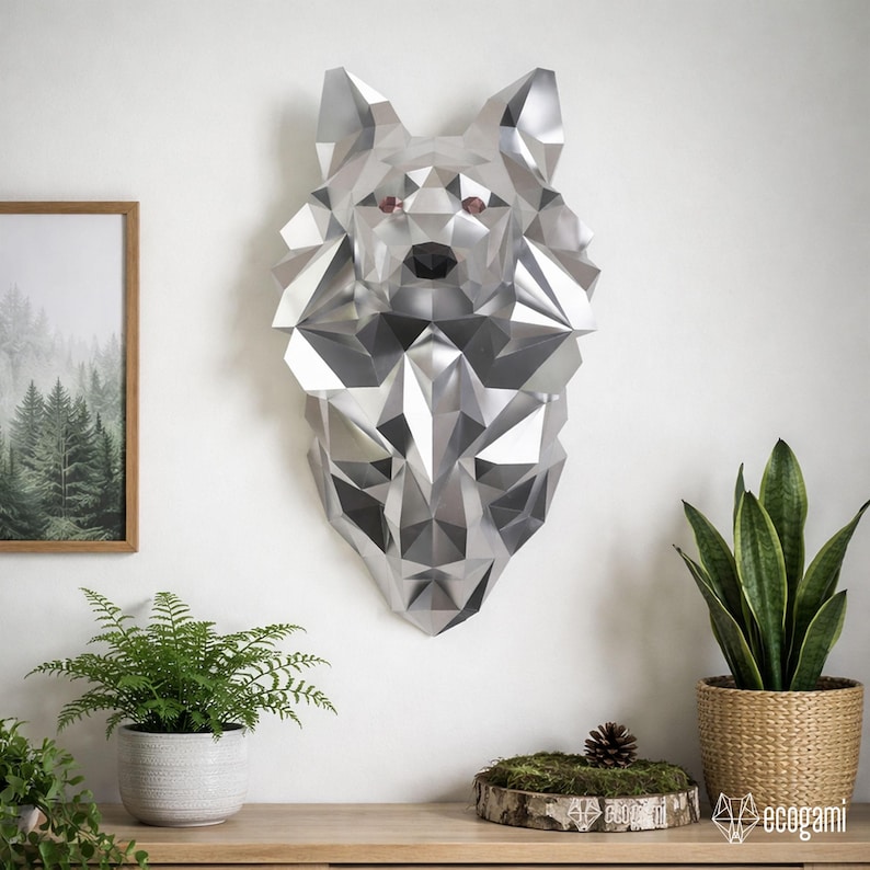 Loup papercraft PDF, sculpture murale tête de loup papier 3D DIY, décoration murale animal low poly image 1