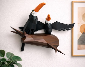 Couple Toucans papercraft PDF, DIY bird wall decor, low poly 3D printable sculpture Template