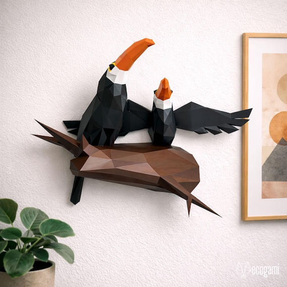 Couple Toucans papercraft PDF, DIY bird wall decor, low poly 3D printable sculpture Template