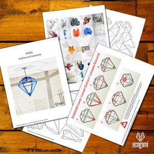 May include: A collection of printed paper sheets featuring a blue diamond-shaped lampshade design. The sheets include diagrams, instructions, and a catalog of animal head models. The brand name "ecogami" is visible.