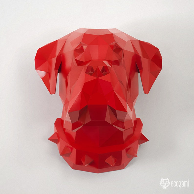 Boxer papperspyssel PDF, gör-det-själv djurhuvud väggtrofé, låg poly 3D utskrivbar hundmall bild 4