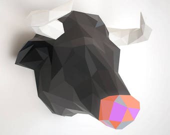 Bull head papercraft sculpture, printable 3D puzzle, papercraft Pdf template to make your bull wall art