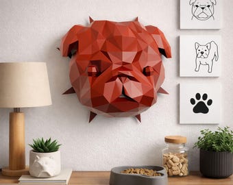 Pug papercraft PDF, DIY animal head wall trophy, low poly 3D dog printable template