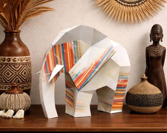Elephant papercraft kit, DIY safari paper sculpture, low poly 3D puzzle craft kit