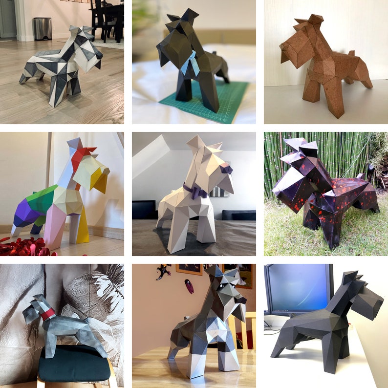 K&ouml;nnte beinhalten: Eine Sammlung von zehn Papiermodellen von Miniaturen von Schnauzer-Hunden in verschiedenen Farben und Posen. Die Modelle sind aus Papier gefertigt und werden von Hand zusammengebaut. Sie sind eine gro&szlig;artige M&ouml;glichkeit, Ihrem Zuhause einen Hauch von Verspieltheit zu verleihen.