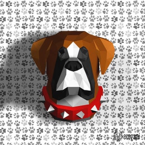 Boxer papperspyssel PDF, gör-det-själv djurhuvud väggtrofé, låg poly 3D utskrivbar hundmall bild 5