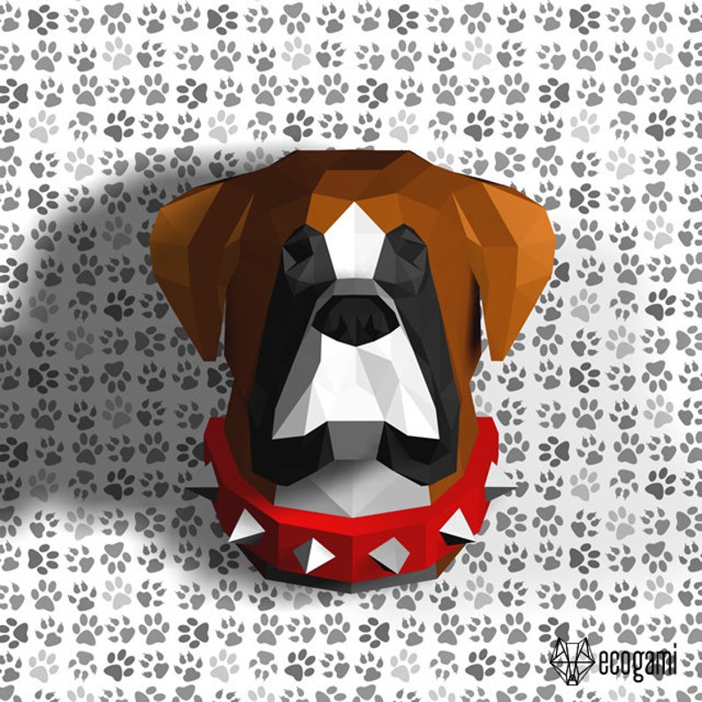 Boxer papperspyssel PDF, gör-det-själv djurhuvud väggtrofé, låg poly 3D utskrivbar hundmall bild 5