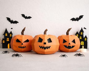 Halloween Pumpkin papercraft PDF, DIY 3D paper sculpture, low poly printable template