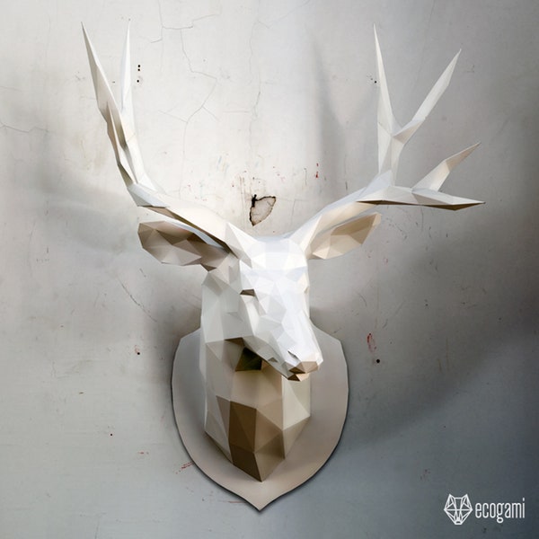 Deer trophy papercraft sculpture, printable 3D puzzle, papercraft Pdf template to make your faux taxidermy deer wall art