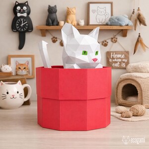 Cat box papercraft PDF, DIY storage container, low poly 3D printable template