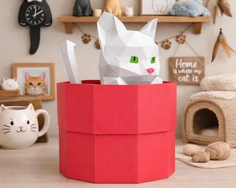 Cat box papercraft PDF, DIY storage container, low poly 3D printable template