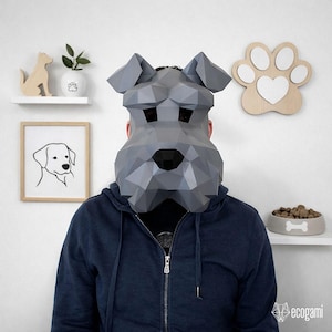 シュナウザー犬の顔のマスクのペーパークラフトPDF、DIYコスプレ、印刷可能なハロウィンコスチュームマスク