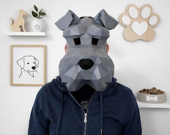 Masque Schnauzer papercraft PDF, masque chien papier 3D DIY, masque déguisement chien à imprimer