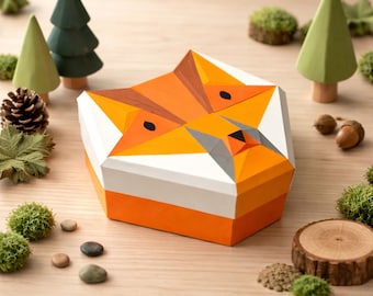 Fox box papercraft PDF, DIY storage container, low poly 3D printable template