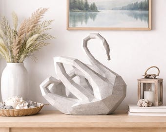 Svanpapperspyssel i PDF-format, gör-det-själv 3D-pappersskulptur, utskrivbar fågelmall med låg poly-motiv