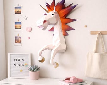 Galloping unicorn papercraft PDF, DIY animal wall art, low poly 3D printable template