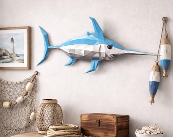 Swordfish papercraft PDF, DIY marine wall decor, low poly 3D printable fish template