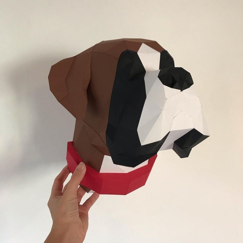 Boxer papperspyssel PDF, gör-det-själv djurhuvud väggtrofé, låg poly 3D utskrivbar hundmall bild 8