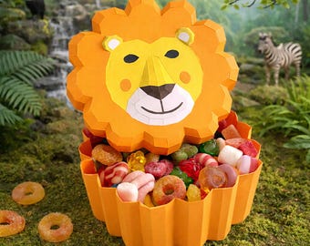 Lion box papercraft PDF, DIY storage container, low poly 3D printable template