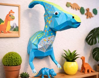 Parasaurolophus dinosaur papercraft PDF, DIY animal head wall trophy, low poly 3D printable template