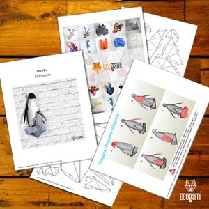 May include: A printable papercraft model of a penguin. The model is shown assembled and displayed on a white brick wall. The instructions include a diagram showing the steps to assemble the model. The instructions also include the text "Model 33 - Penguins".
