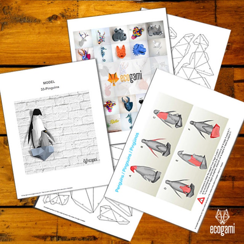 May include: A printable papercraft model of a penguin. The model is shown assembled and displayed on a white brick wall. The instructions include a diagram showing the steps to assemble the model. The instructions also include the text "Model 33 - Penguins".