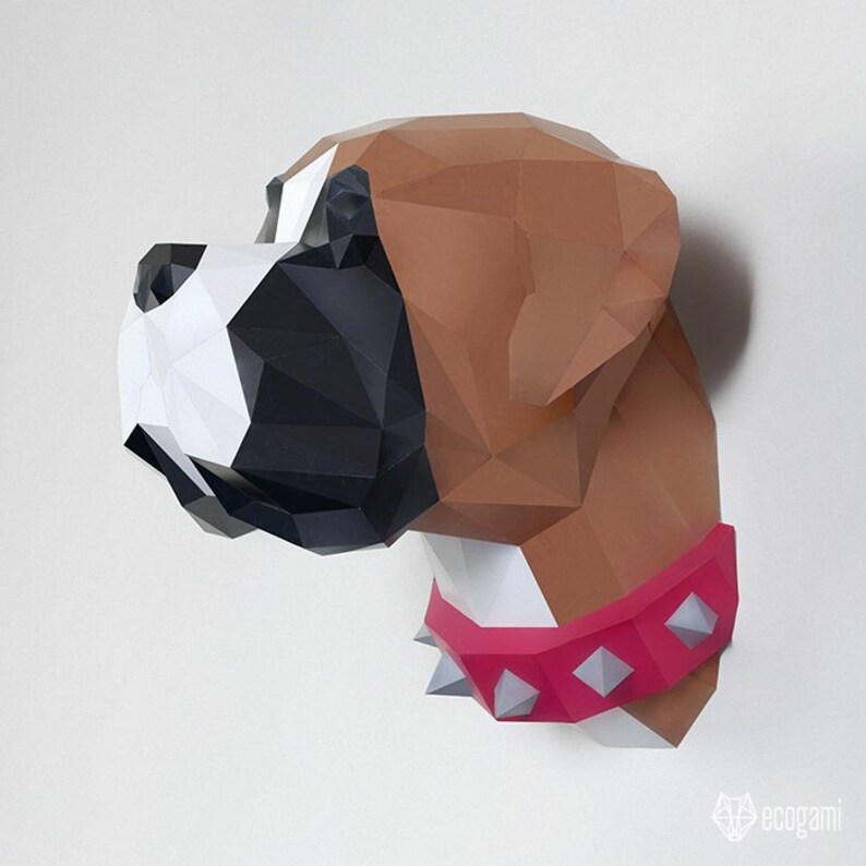 Boxer papperspyssel PDF, gör-det-själv djurhuvud väggtrofé, låg poly 3D utskrivbar hundmall bild 2