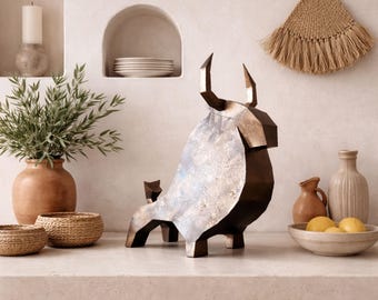 Bull papercraft PDF, DIY 3D minimalist paper sculpture, low poly printable template