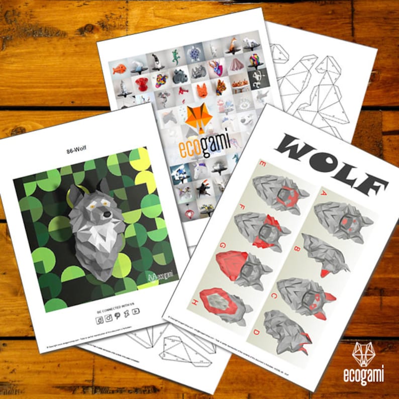 Peut inclure: Un mod&egrave;le de papercraft imprimable d'une t&ecirc;te de loup. Le mod&egrave;le est compos&eacute; de formes g&eacute;om&eacute;triques et est con&ccedil;u pour &ecirc;tre pli&eacute; et assembl&eacute;. Les instructions comprennent un diagramme montrant les diff&eacute;rentes parties du mod&egrave;le et comment les assembler. Le mod&egrave;le est intitul&eacute; "Loup" et fait partie de la collection Ecogami.