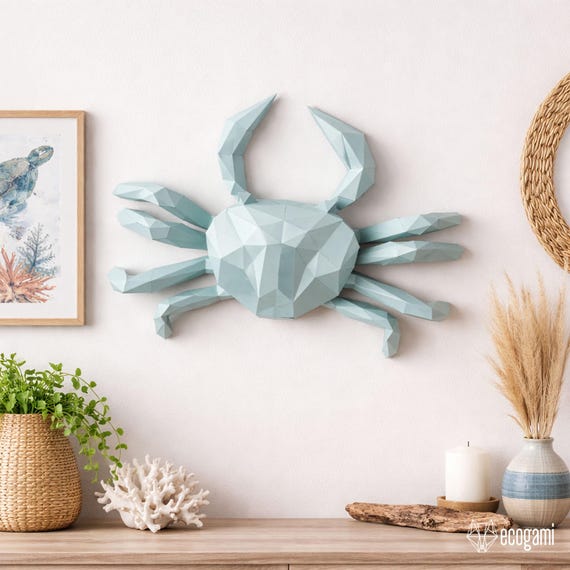 Crab papercraft PDF, DIY marine wall decor, low poly 3D printable ocean template