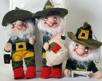 Vintage Elf Ornaments Set of 3  Felt & Fabric Christmas Decorations  1970s Style