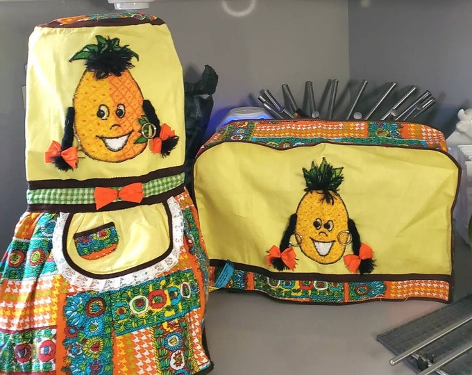Kitschy Vintage Inspired Smiling  Pineapple Anthropomorphic Handmade Dust Covers for Toaster and Blender