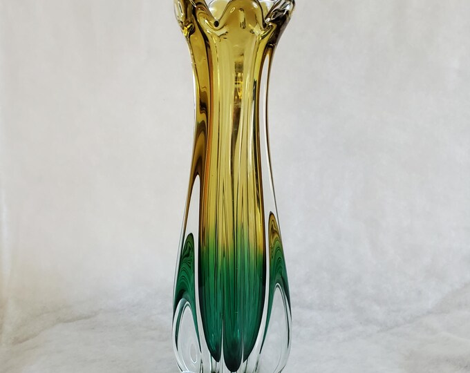 Vintage Murano Style Art Glass Vase – Amber & Green Sommerso Mid-Century Decor