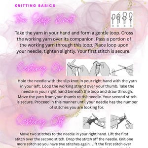 Puede incluir: Una guía titulada "How to Knit" con instrucciones básicas de tejido. La imagen presenta texto e ilustraciones para el nudo corredizo, el montaje y el cierre de puntos. El texto está en rosa, en cursiva.