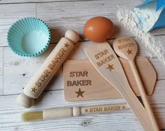 Personalised children's baking set, star baker mini baking set, personalised wooden baking set, baking sets for children