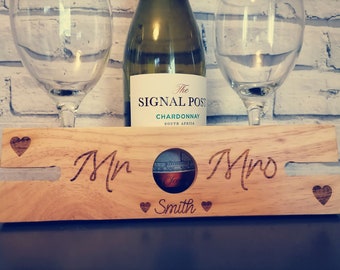 Personalised Mr and Mrs Wine Bottle and Glass Butler | Personalised Wine Rack | Gift for Wine Lovers | Wine Glass Holder | Wedding Gift