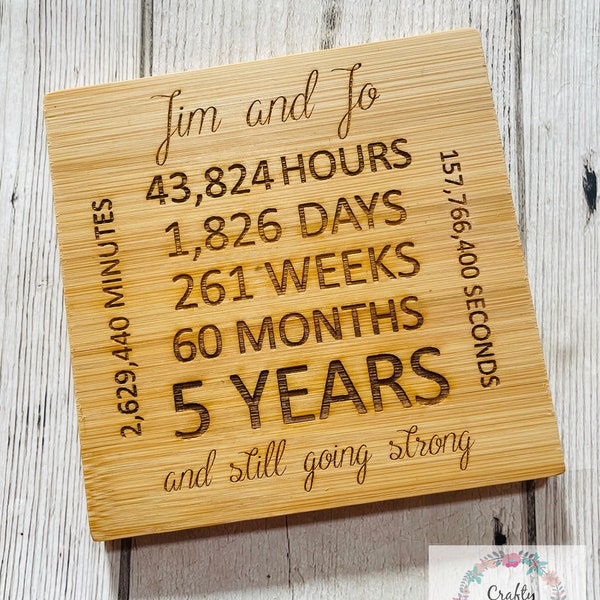 Personalised 5 Year Wedding Anniversary Gift | 5 year wooden gift | Bamboo Coaster | Personalised Wooden Coaster | Engraved Coasters