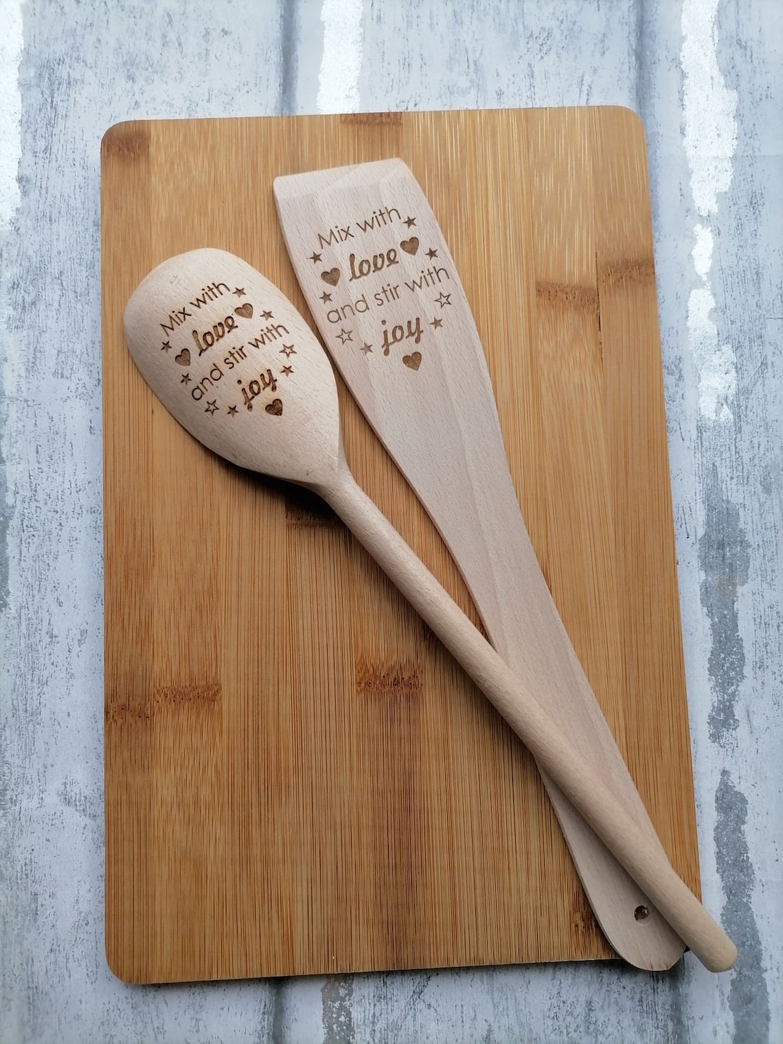 Wooden Spoon and Spatula Set Mix With Love and Stir With Joy Etsy UK