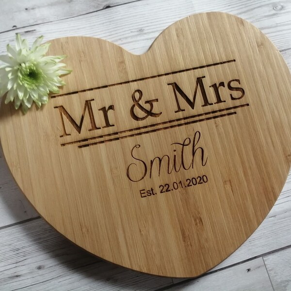 Bamboo Chopping Board customised with names and date. Couples, wedding or engagement gift. Engraved Mr and Mrs cutting board