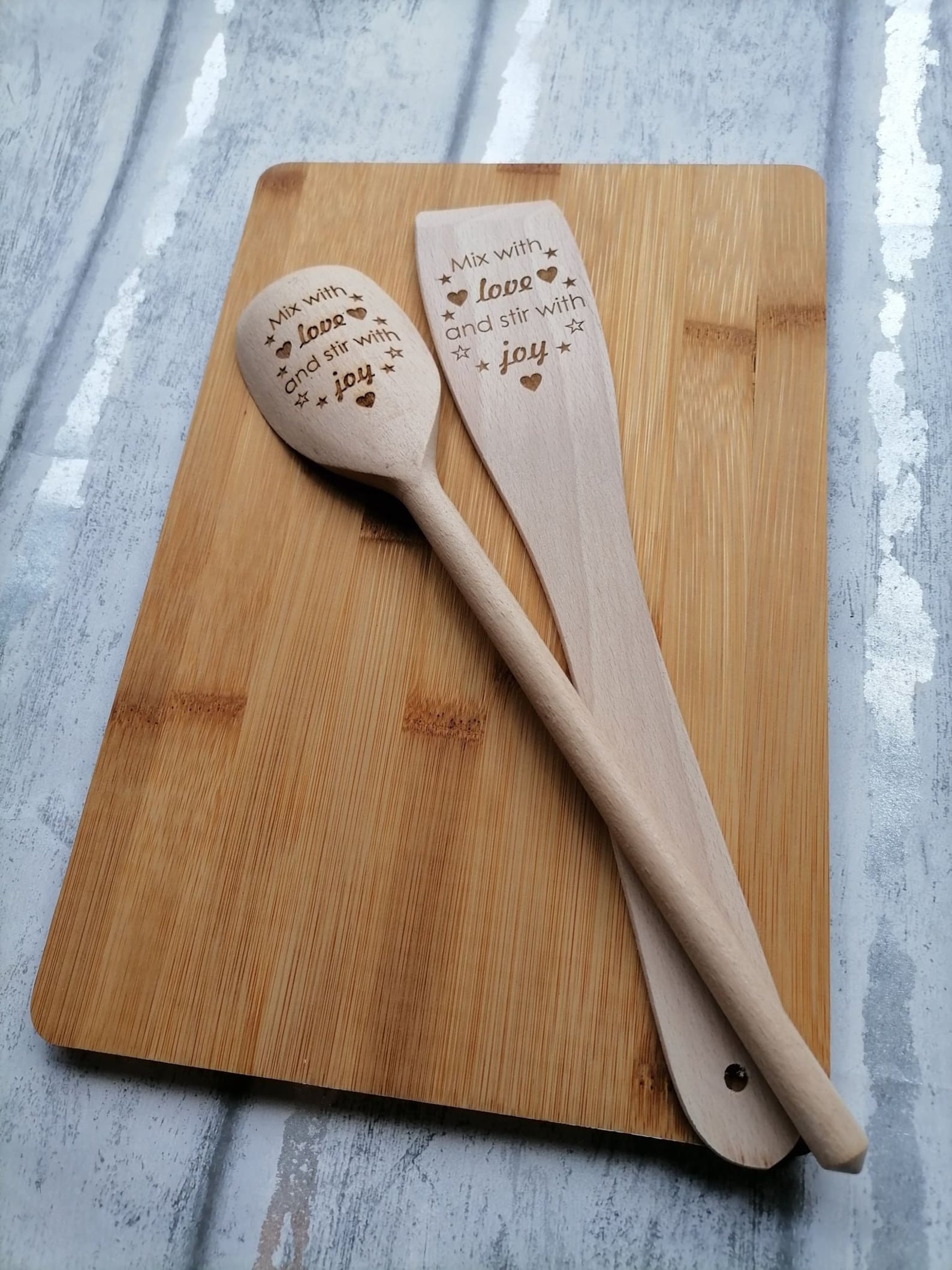 Wooden Spoon and Spatula Set Mix With Love and Stir With Joy Etsy UK