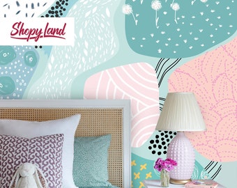 Scandinavian Kids Wallpaper, Nursery Wallpaper for Kids Room, Abstract Removable Wallpaper, Colorful Peel and Stick Wallpaper, W147