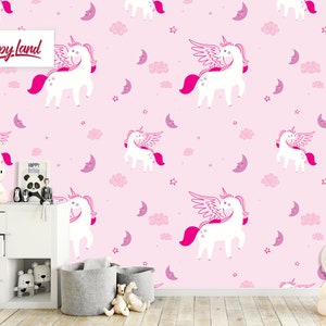 Kids Wallpaper for Girl, Unicorn Peel and Stick Wallpaper, Toddler Removable Wall Mural, Hand-Drawn Wallpaper by Kids Shopyland, W139-GIRL
