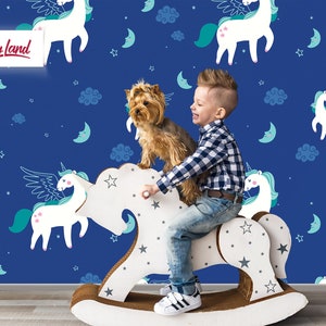 Unicorn Peel and Stick Wallpaper, Kids Wallpaper for Boy, Toddler Wall Mural, Hand-Drawn Wallpaper by Kids Shopyland, W139-BOY