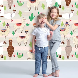 Cool Llamas Removable Wallpaper, Peel and Stick Kids Wallpaper, Cool Llamas Wall Mural, Nursery Wallpaper, Children&#39;s Room, W112